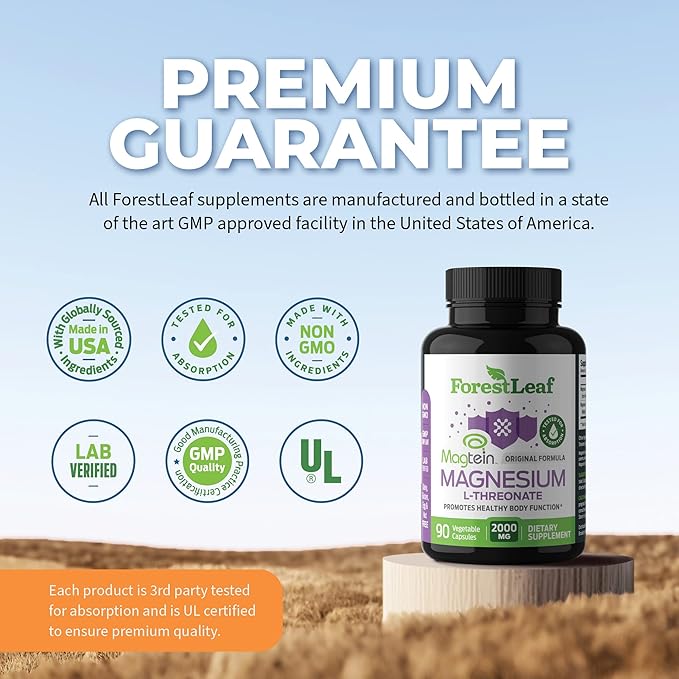 Forest Leaf Magnesium L-Threonate Magtein Capsules - 2000mg Magnesium Threonate Supplement Supports Cognitive Function, Focus, Brain, Deep Calm and Sleep for Men & Women | 90 Powder Veg Caps