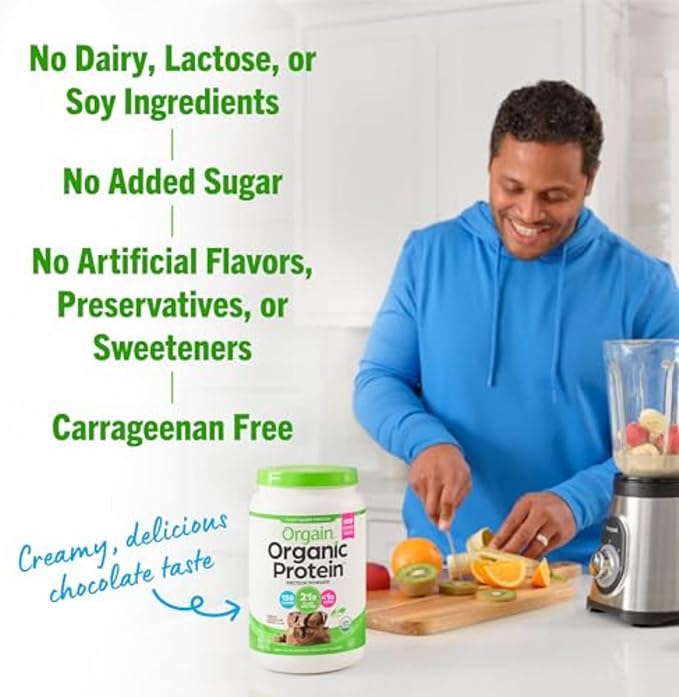 Orgain Organic Vegan Protein Powder, Creamy Chocolate Fudge - 21g Plant Protein, 6g Prebiotic Fiber, Low Net Carb, No Lactose Ingredients, No Added Sugar, Non-GMO, For Shakes & Smoothies, 2.03 lb