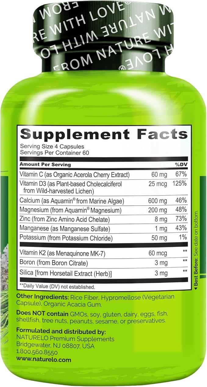 NATURELO Calcium Supplement - with Vitamin C, Vitamin D3, K2, and Calcium Magnesium Zinc for Bone Strength with Calcium 600mg - Plant-Based, 240 Vegetarian Capsules, Non-GMO, Soy & Gluten-Free