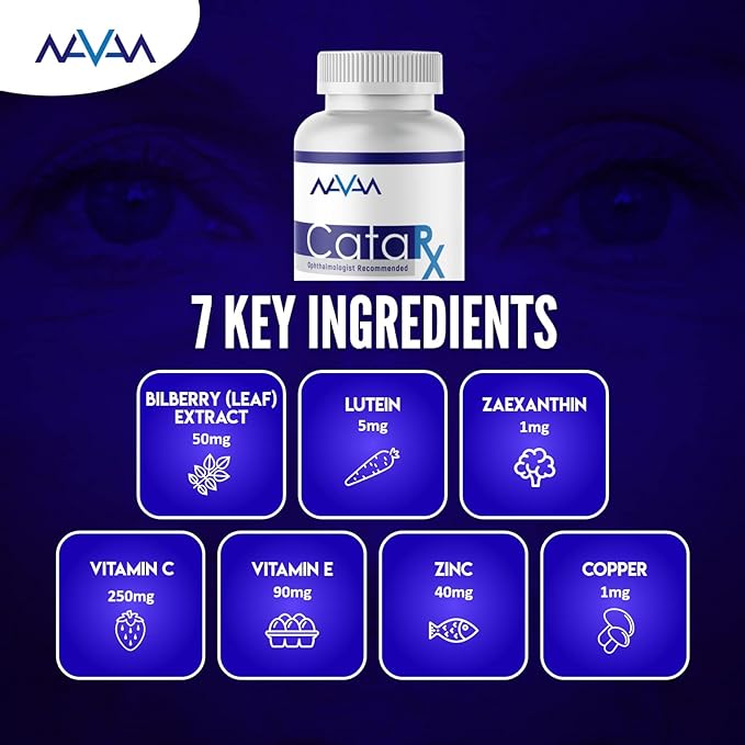 Navan CataRx Antioxidant AREDS 2 Eye Vitamins & Minerals Supplement for Lens Clarity & Retina Health by Clinical Experts - Lutein, Zeaxanthin, Zinc, Vitamin C, NAC - Kosher Certified, 60 Capsules