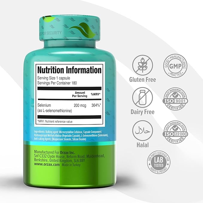 ORZAX Selenium 200mcg Capsules - L-Selenomethionine for Immune System Health & Thyroid Support - Antioxidants Supplement for Women and Men (180 Veg Capsules)