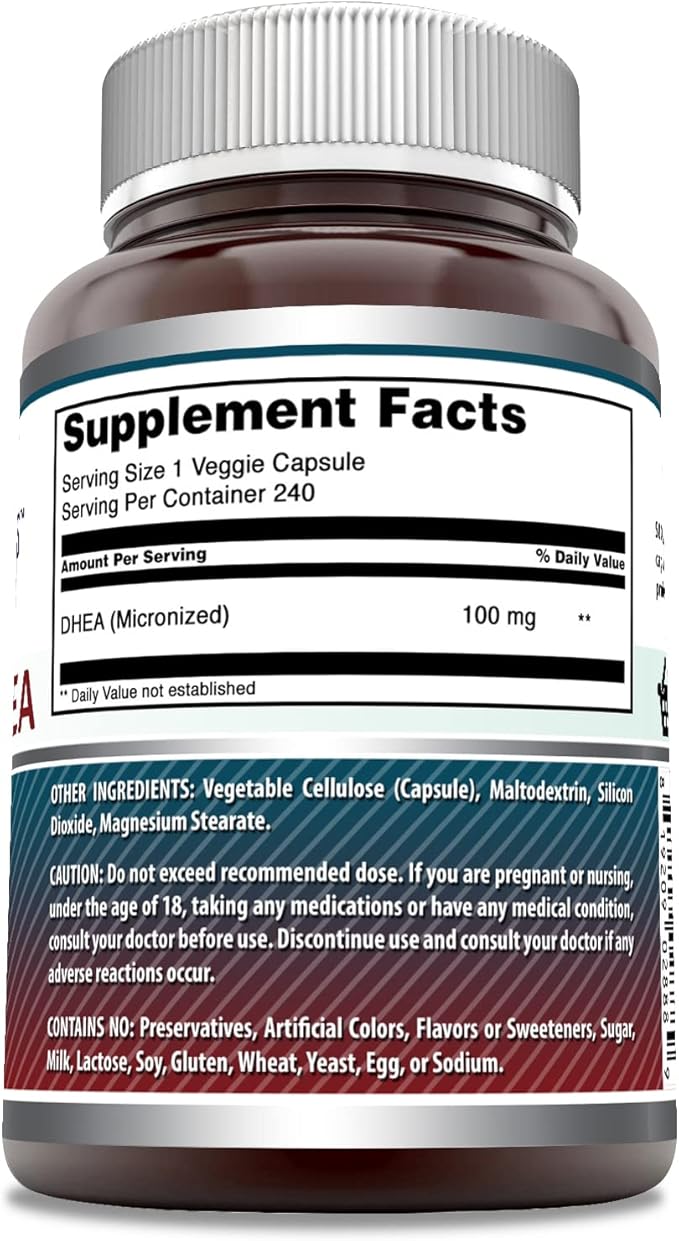 Amazing Formulas Micronized DHEA Supplement | 100 Mg Per Serving | Veggie Capsules| Non-GMO | Gluten Free | Made in USA (1 Pack, 240 Count)