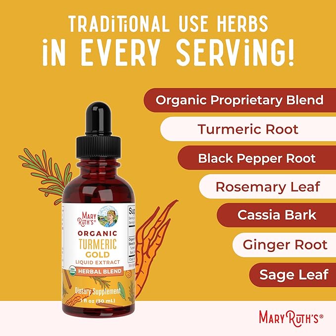USDA Organic Turmeric Gold Liquid Drops by MaryRuth's | Herbal Blend | Turmeric Curcumin | Black Pepper | Cassia Cinnamon Bark | Ginger Root | Immune Support | Non-GMO Project Verified | Vegan | 1oz