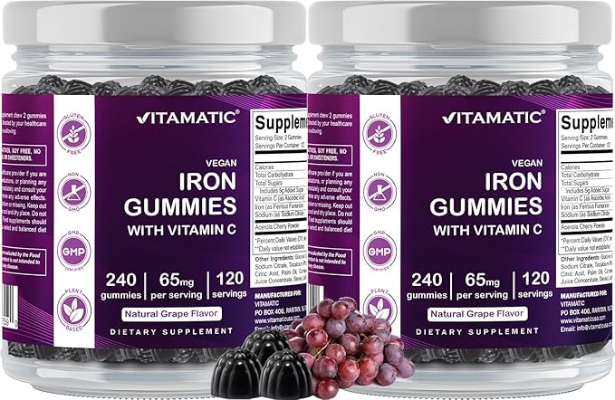 Vitamatic Iron 65 mg Gummies Supplement for Women & Men - 240 Vegan Gummies - Great Tasting Iron Gummy Vitamins with Vitamin C