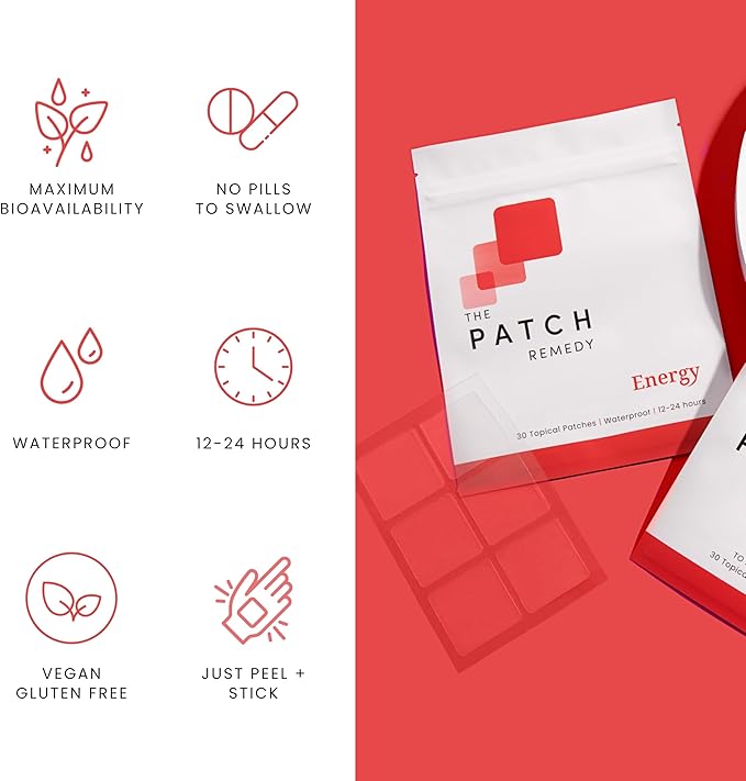 Energy Patches - 30 Topical Patches with Caffeine from Guarana Extract, Taurine, Glucuronolactone, Green Tea, Vitamin B3, B5, B6, Transdermal Caffeine Energy