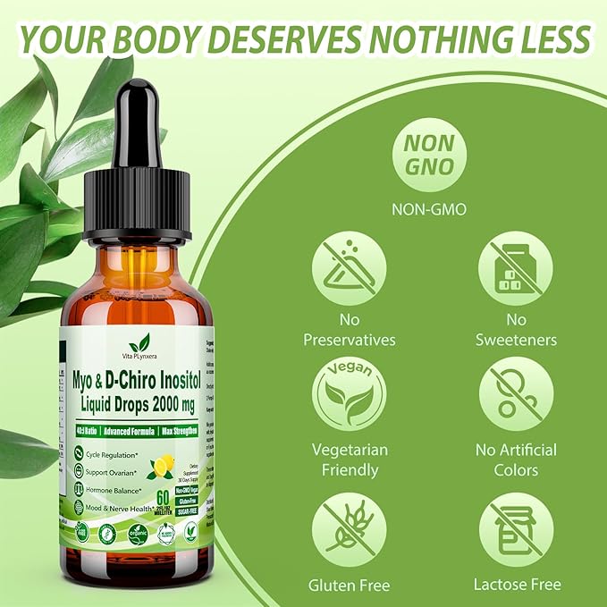 Myo & D-Chiro Inositol Supplement For Women, 40:1 Ratio Inositol Complex w. Multivitamin Chasteberry for Hormone Balance, Ovarian & Cycle Health* Liquid Drops 6x Stronger than Pills Powder