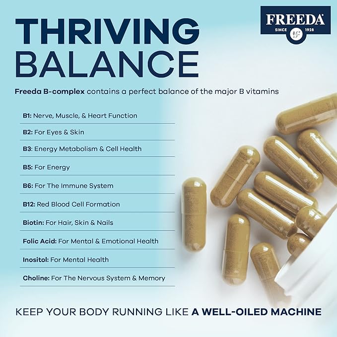FREEDA Vitamin B Complex - Kosher Super B Complex Vitamin Supplement for Women & Men with Biotin, Vitamin B12, B1, B2, B3, B6, Folic Acid - Energy Metabolism Booster - Super Quints B-50 (250 Capsules)