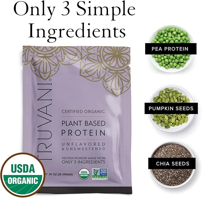 Truvani Vegan Pea Protein Powder | Unflavored | 20g Organic Plant Based Protein | 1 Serving | Keto | Gluten & Dairy Free | Low Carb | No Added Sugar