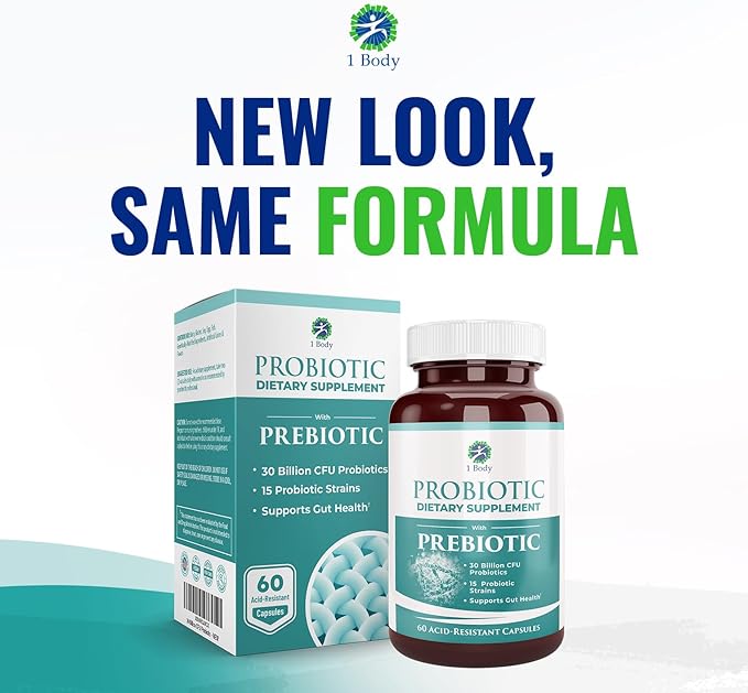 1 Body 30 Billion CFU Probiotic Supplement with Prebiotics – Patented Acid Resistant Capsules to Promote Gut Health, Support Immune System – Probiotics for Women and Men - 60 Vegetarian Capsules