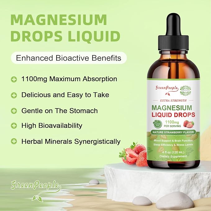 Magnesium Glycinate Liquid Drop - 17-in-1 Triple Absorption Magnesium Supplement with Magnesium Glycinate 400mg & Citrate 500mg for Calm Mood/Muscle & Sleep,4 fl. oz Strawberry Flavor