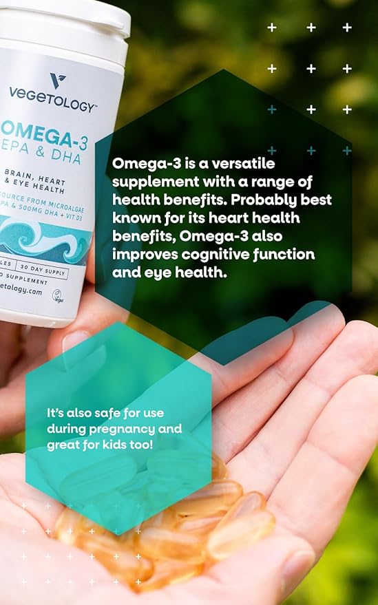 Vegan Omega 3 Supplement (60 Capsules) – Omega-3, EPA, Vitamin D3 & DHA Supplements - Algae Omega 3 Vegan Supplements for Brain, Eye, & Heart Health – Omega 3 for Kids & Adults