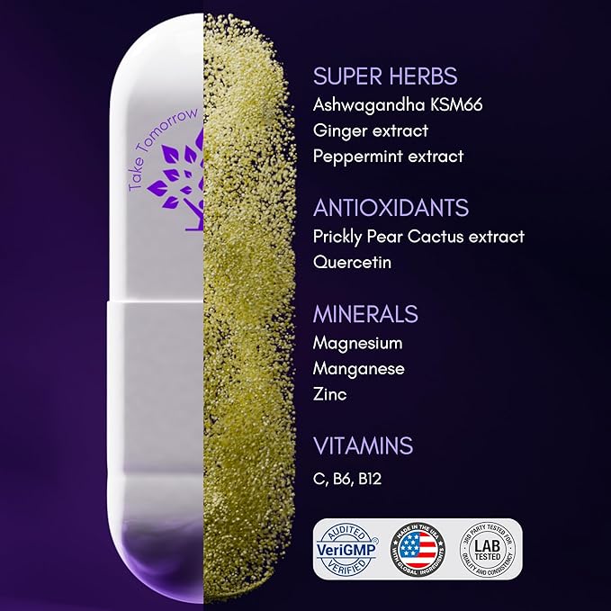 purple tree Next Day, Post-Celebration Wellness - Take Tomorrow | Replenish & Feel Your Best | Ashwagandha, Ginger, Peppermint, Milk Thistle, Electrolytes, Vitamins, 90 Pills