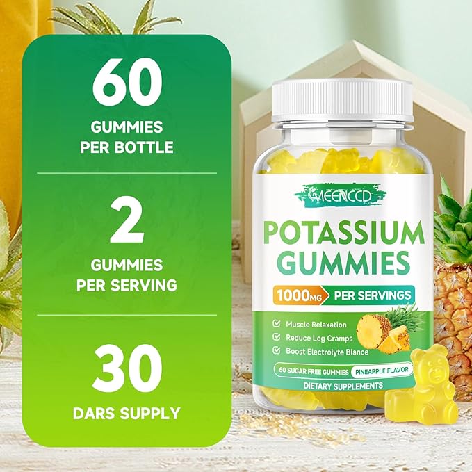 Potassium Citrate Gummies 1000mg, High Potency Potassium Supplement Gummies for Adults Women & Men, Potassium Gummies Support Leg Cramps & Muscle Health, Sugar-Free, Pineapple Flavor, 60 Count