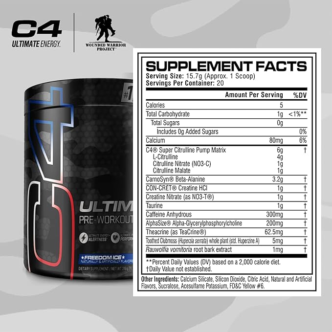 C4 Ultimate x Wounded Warrior Project Pre Workout Powder Freedom Ice - Sugar Free Preworkout Energy Supplement for Men & Women - 300mg Caffeine + 3.2g Beta Alanine + 2 Patented Creatines - 20 Servings