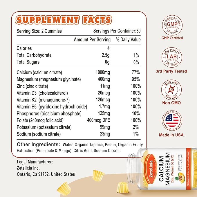 Calcium Gummies for Women Men, Calcium Magnesium Zinc with Vitamin D3 & K2, Calcium Magnesium Supplement for B0nes Muscles, Pineapple & Mango Flavor - 120 Count