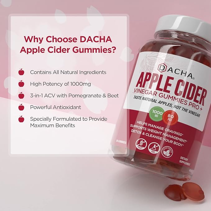 Premium Apple Cider Vinegar Gummies – 80 Count, 1000mg Raw, Organic, Unfiltered ACV from The Mother, Not Sticky, Immune, Detox, Fitness & Acid Reflux Heartburn Pomegranate Beet Root Vitamin B9 B12