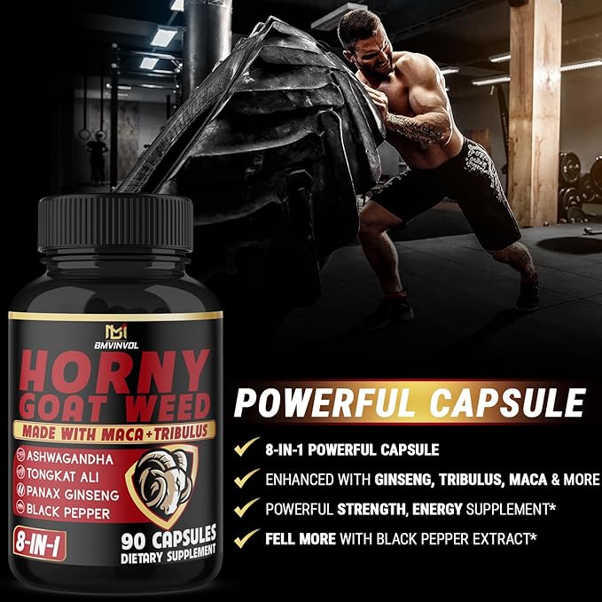 BMVINVOL Horny Goat Weed Capsules with Maca, Ginseng, Tribulus Terrestris, Ashwagandha, Black Pepper - 90 Count for 3 Month Supply