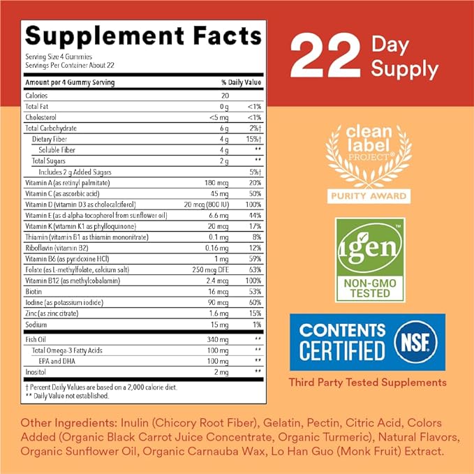 SmartyPants Kids Formula & Fiber Daily Gummy Vitamins: Gluten Free, Multivitamin Omega 3 Fish Oil (Dha/Epa), Fiber, Methyl B12, vitamin D3, Vitamin B6, 90 Count (22 Day Supply) - Packaging May Vary