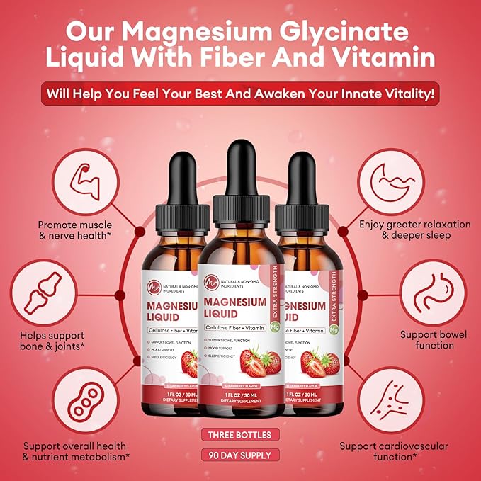 (3 Pack) Magnesium Glycinate Liquid Drops, High Absorption Magnesium Liquid with Bromelain, Vitamin B6 C D, Magnesium Supplement for Kids and Adults, Night & Muscle Support, Strawberry Flavor
