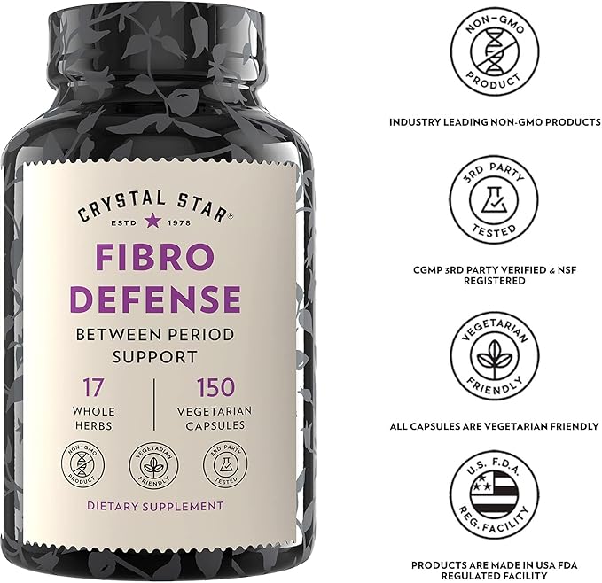Crystal Star Fibro Defense, 150 Capsules - Breast & Uterine Health Between Periods - Natural Herbal Supplement Caps for Women - Vegetarian, Non GMO