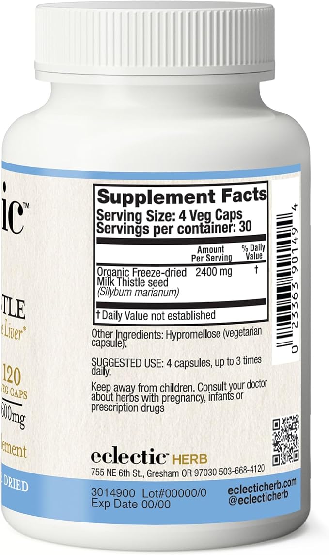 Eclectic Herb - Premium Freeze Dried Milk Thistle Capsules | Dietary Supplement | Liver Support, Detox, Cleanse + Maintain | Natural, Non-GMO, Vegan (240 CT | 600 mg)