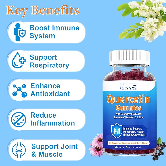 (2 Pack) Quercetin Gummies with Bromelain Elderberry Zinc & Vitamin C, Quercetin Supplement Gummies, Immune Support for Adults & Kids, Vegan Mixed Berry Flavor 120 Cts