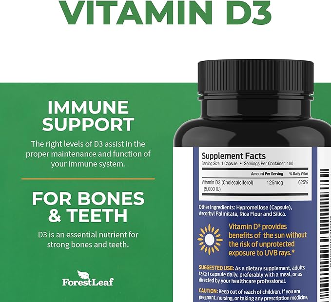 ForestLeaf Vitamin D3 5000 IU | VIT D - VIT D3 Vitamin D Supplements for Women and Men | Bone Health, Teeth and Immune Support | Easy to Swallow Pills | One Capsule Daily, 6-Month Supply, 180 Count