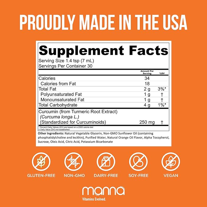 Manna Vitamins Evolved Liposomal Liquid Curcumin for Advanced Absorption Best Turmeric Supplement for Daily Joint & Immune Health Support - Vegan, Non-GMO, 95% Curcuminoids