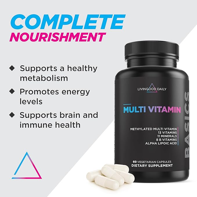 Livingood Daily Methylated Multivitamin for Women and Men, Multi Vitamin Supplement with Alpha Lipoic Acid, B Vitamins, Iron, Zinc and Selenium, Energy, Metabolism and Immune Support, 60 Capsules
