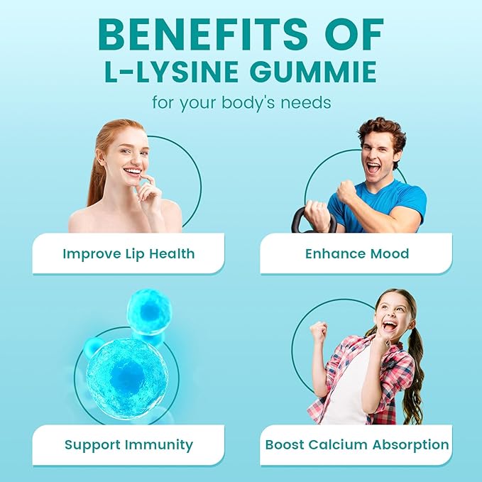 L- Lysine Gummies 1000mg - Sugar Free for Kids and Adults, Chewable L Lysine Supplements with Vitamin C,B12 & Zinc for Lips,Oral & Skin Health, Immune, Collagen Support, Vegan, Gluten Free,Mixedberry