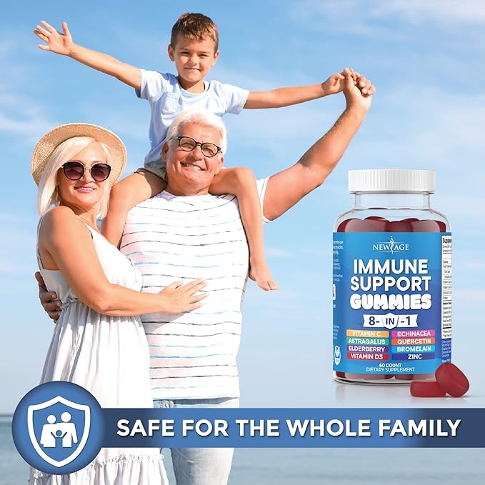 NEW AGE 8 in 1 Immune Support Booster Supplement with Elderberry, Vitamin C and Zinc 50mg, Vitamin D 5000 IU, Quercetin & Bromelain (8 in 1 Gummies (Pack of 1))
