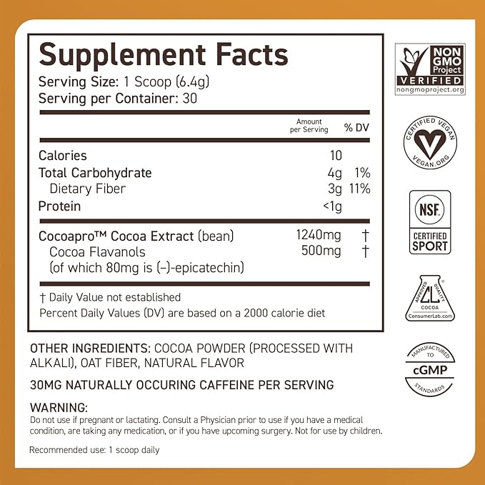 CocoaVia Cardio Health Cocoa Powder, 30 Servings, 500mg Cocoa Flavanols, Support Heart Health, Boost Nitric Oxide, Improve Circulation, Energy, Preworkout, Vegan, Dark Chocolate Cacao