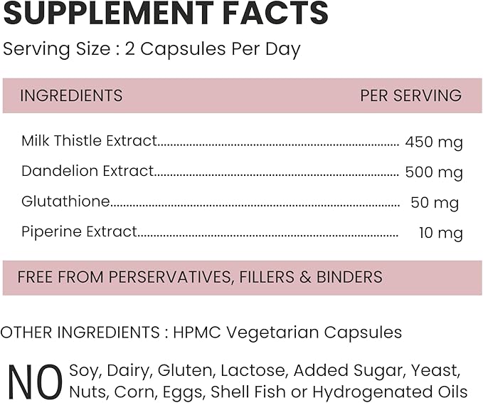 Liver Detox - Milk Thistle, Dandelion & Glutathione for Fatty Liver Support, Healthy Digestion - 60 Count (Pack of 1)