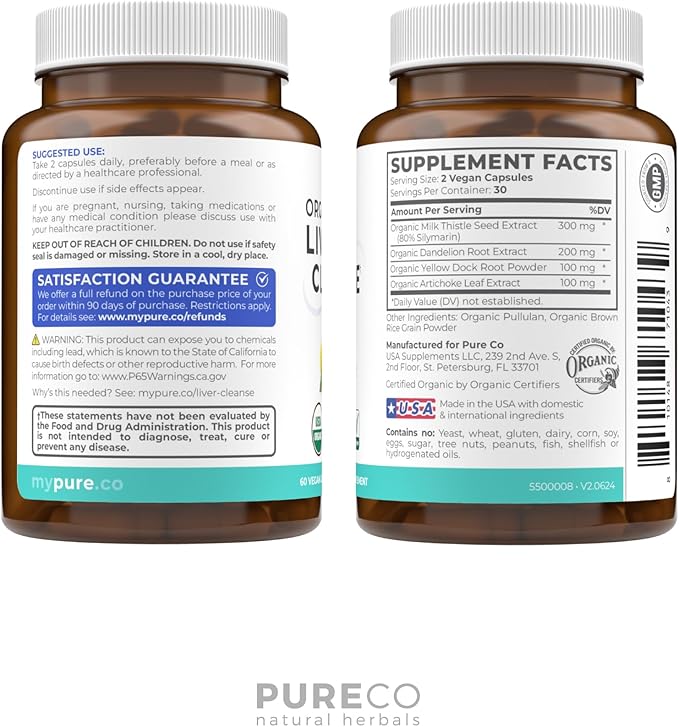 Organic Liver Cleanse Detox & Repair (Vegan, Non-GMO) Milk Thistle Extract (80% Silymarin), Dandelion Root, Artichoke Leaf, Yellow Dock - Liver Health Support Supplement - 60 Capsules (No Pills)