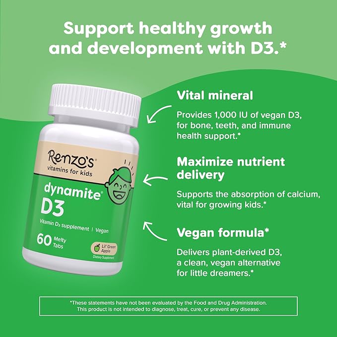 Renzo's Dynamite Vitamin D3, Dissolving Kids Vitamin D3, 60 Sugar-Free Melty Tabs, Lil’ Green Apple Flavored