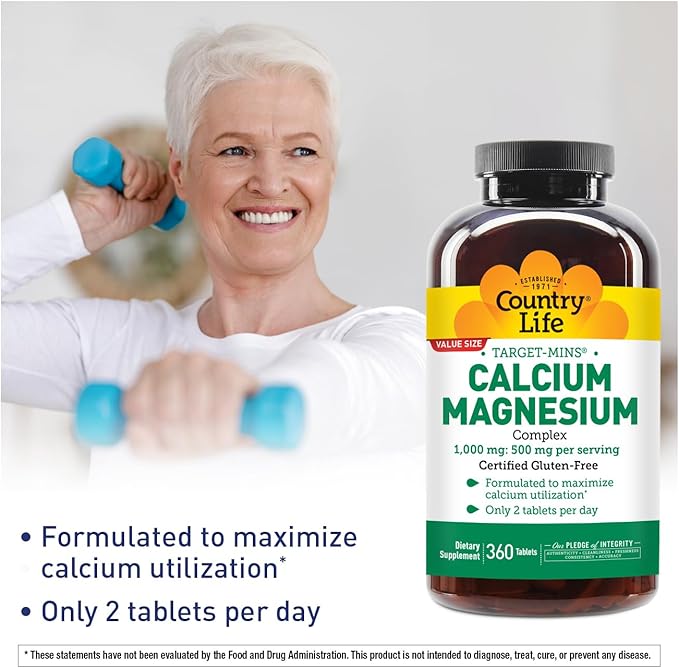Country Life Target-Mins Calcium Magnesium Supplement for Bone Health, 1000mg Calcium, 500mg Magnesium, Gluten Free, 2:1 Ratio for Optimal Utilization
