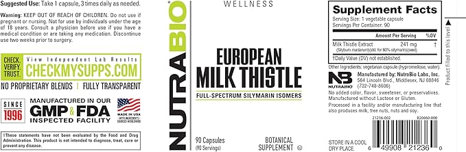 NutraBio European Milk Thistle Supplement, 241mg - Supports Antioxidant Benefits and Wellness, 90 Capsules