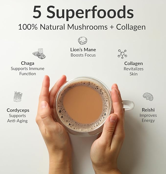 BIOptimizers Mushroom Coffee Alternative – Chai Drink – Lion’s Mane, Chaga, Reishi + Collagen Peptides for Focus, Energy & Gut Health – Adaptogenic Mushrooms & MCT Powder – 15 Servings