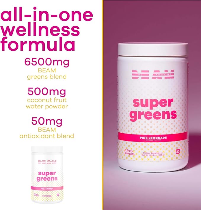 Be Amazing be Amazing Super Greens Powder with Prebiotics, Digestive Enzymes & Antioxidants | 18 Fruits & 8 Veggies | Gluten-Free Juice & Smoothie Mix | Pink Lemonade, 30 Servings, 342 g