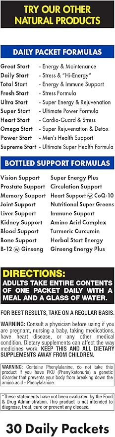 Super Start Complete Daily Vitamin Pack | 10X Energy & Stamina Booster, Muscle Support | Vitamin A, B, C, D, E, B12, Minerals, Amino Acids, Bee Pollen, Ashwagandha, Panax Ginseng (30 Packets)