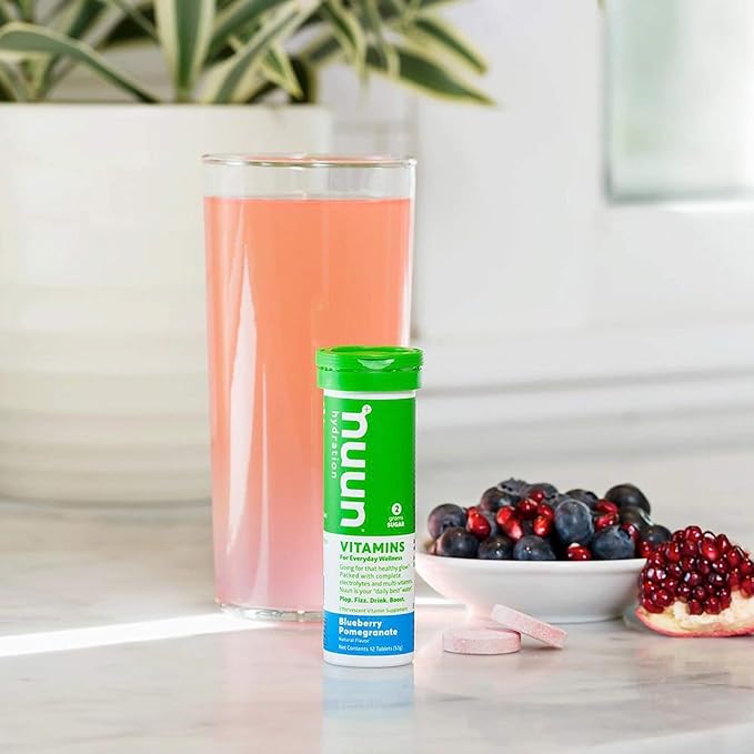 Nuun Hydration Vitamins Electrolyte Tablets, Blueberry Pomegranate, 5 Essential Electrolytes for Hydration + Vitamin A, B6, C, D, E, with Magnesium, Vegan, Non-GMO, 8 Pack (96 Servings)