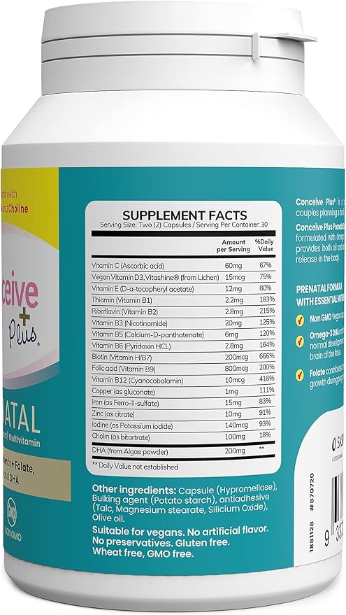 Conceive Plus Prenatal Vitamins for Women Supplement - Multivitamin With Folic Acid for Pregnancy Vegan, Choline, Iron - Pre Natal Vitamins DHA, Non GMO - Maternity Vitamin for Brain & Eye 60 Capsules