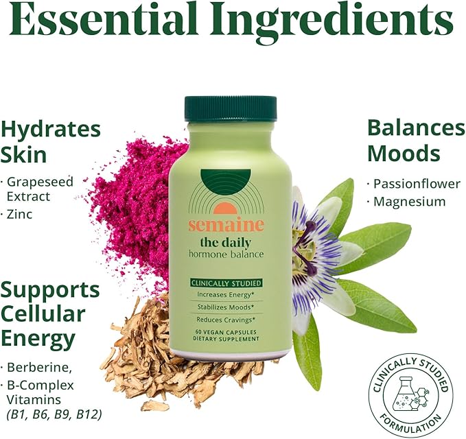 Semaine Daily Hormone Balance – Clearer Skin, Enhanced Moods, Deeper Sleep & Happier Hormones. Hormone-Free, Vegan Capsule, Multi-Symptom Support (60 ct)