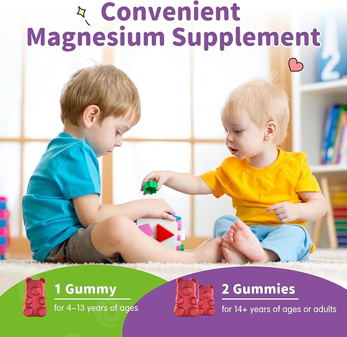 Magnesium Gummies for Kids - Magnesium Glycinate, L-Threonate Supplement with L-Theanine, Vitamin B6, D3 for Adults & Kids - Support Calm, Sleep, Relaxation, Brain, Bones, Sugar Free Grape 60ct