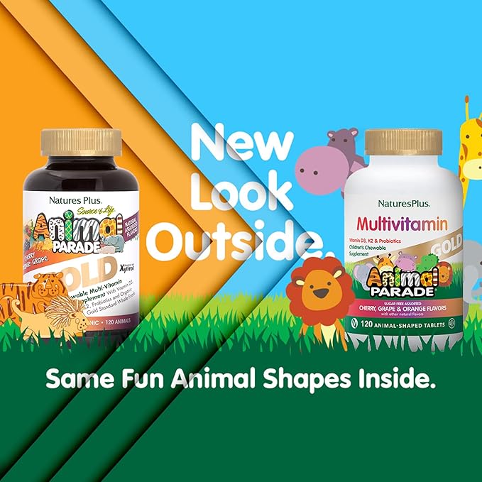 Natures Plus Animal Parade Gold Children's Multivitamin - 120 Animal-Shaped Chewable Tablets - Assorted Cherry, Orange & Grape Flavors - Vegan, Gluten Free - 60 Total Servings