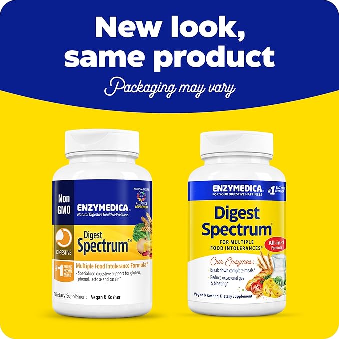 Enzymedica Digest Spectrum, Digestive Enzymes for Multiple Food Intolerances, Offers Fast-Acting Gas & Bloating Relief, 30 Count