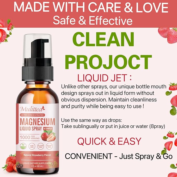 Magnesium Glycinate Liquid Spray with Citrate, Oxide & Malate, Magnesium with Whole Vitamin, L-Theanine, D3K2, B6 for Heart, Leg Cramps,Muscles&Energy- Sugar-Free Strawberry Flavor, 2 Fl Oz