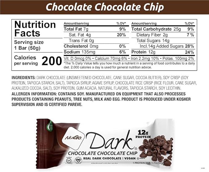 NuGo Dark Variety - Mint Chocolate Chip 12 Bars & Chocolate Chocolate Chip 12 Bars, 12-13g Protein Bar, Vegan, Gluten Free, Non-GMO, Kosher Pareve, 24 Count
