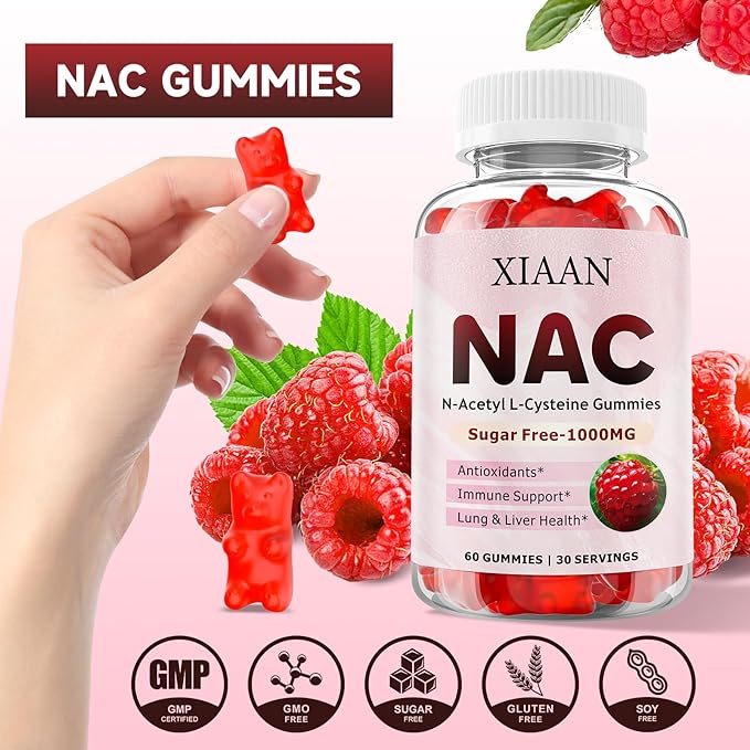 NAC Gummies for Kids & Adults, N Acetyl Cysteine 1000mg NAC Supplement for Antioxidants & Immune Support, Lung & Liver Health, Raspberry Flavor 120 Count