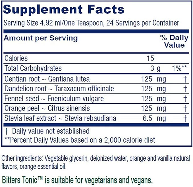 Vitanica Bitters Tonic, Liquid Digestion Supplement, Digestion Support, Alcohol Free, Vanilla Orange, Vegan, 4 Ounce